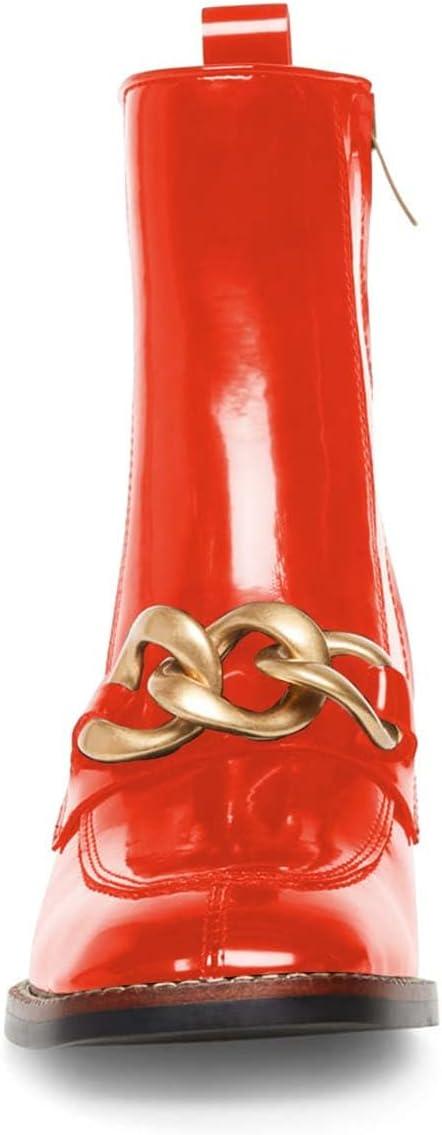 imageFSJ Women Fashion Chain Square Toe Block Mid Heel Ankle Boots Classic Side Zipper Casual Walking Ladies Shoes Size 415 USOrangered