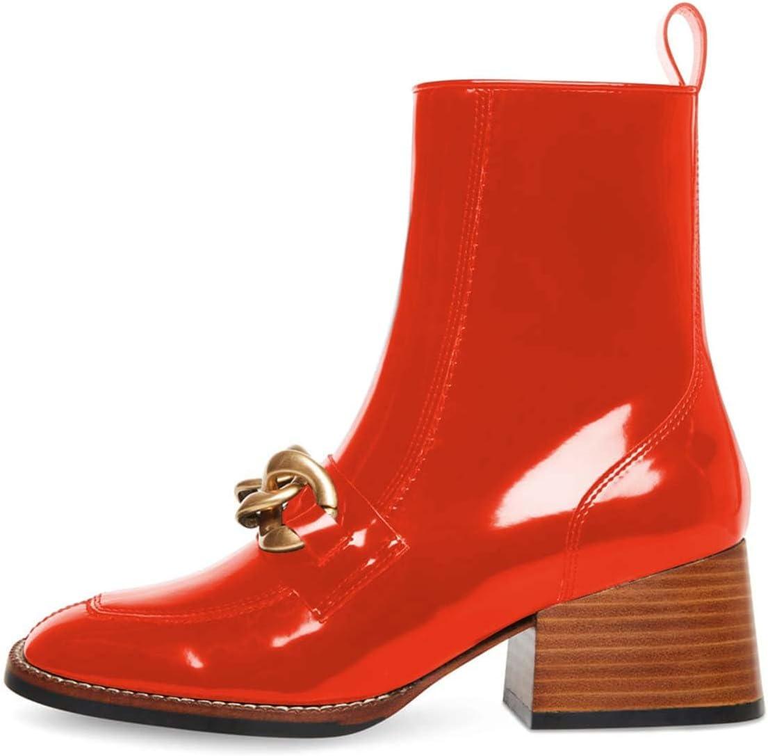 imageFSJ Women Fashion Chain Square Toe Block Mid Heel Ankle Boots Classic Side Zipper Casual Walking Ladies Shoes Size 415 USOrangered