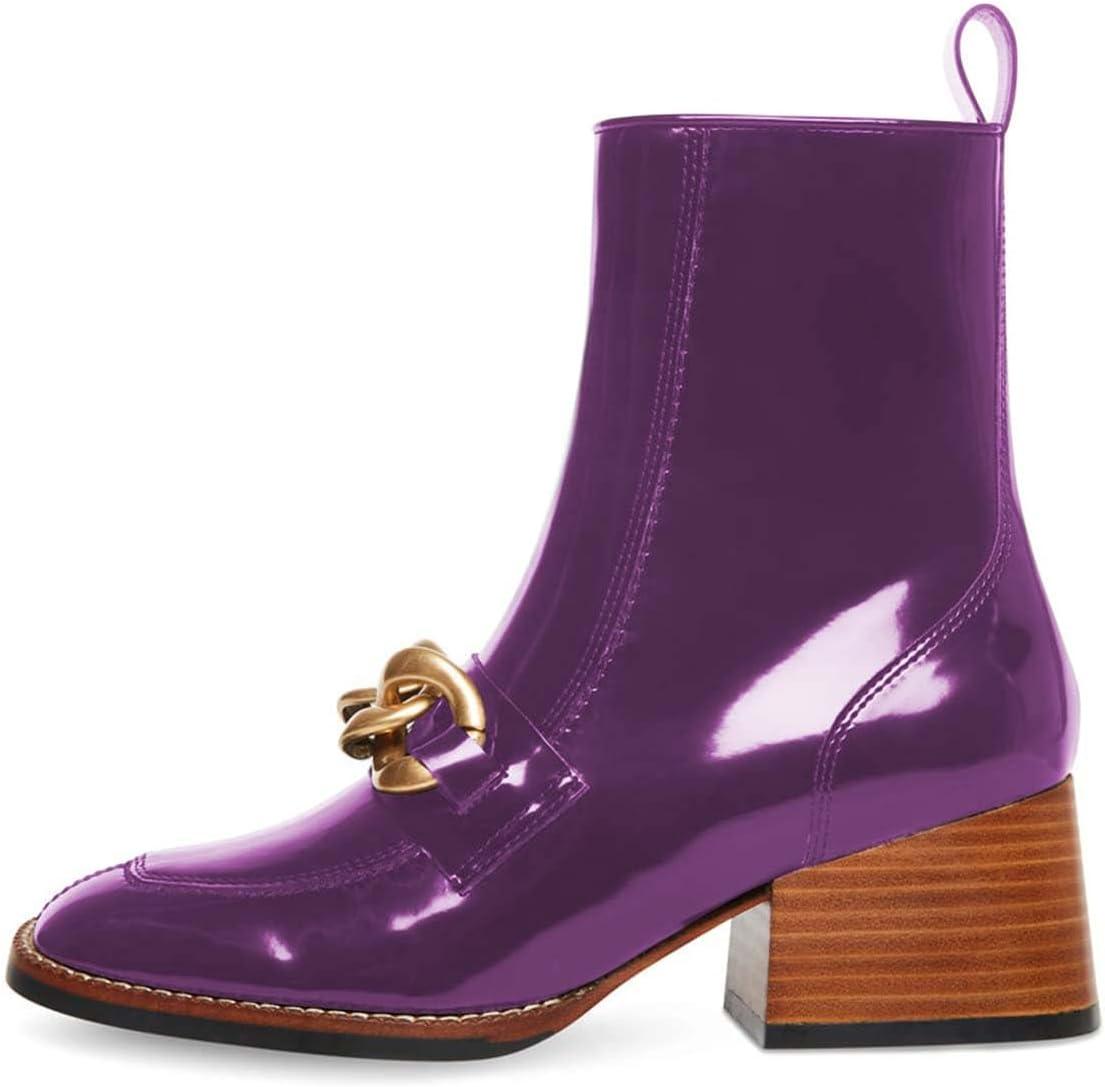 imageFSJ Women Fashion Chain Square Toe Block Mid Heel Ankle Boots Classic Side Zipper Casual Walking Ladies Shoes Size 415 USPurple