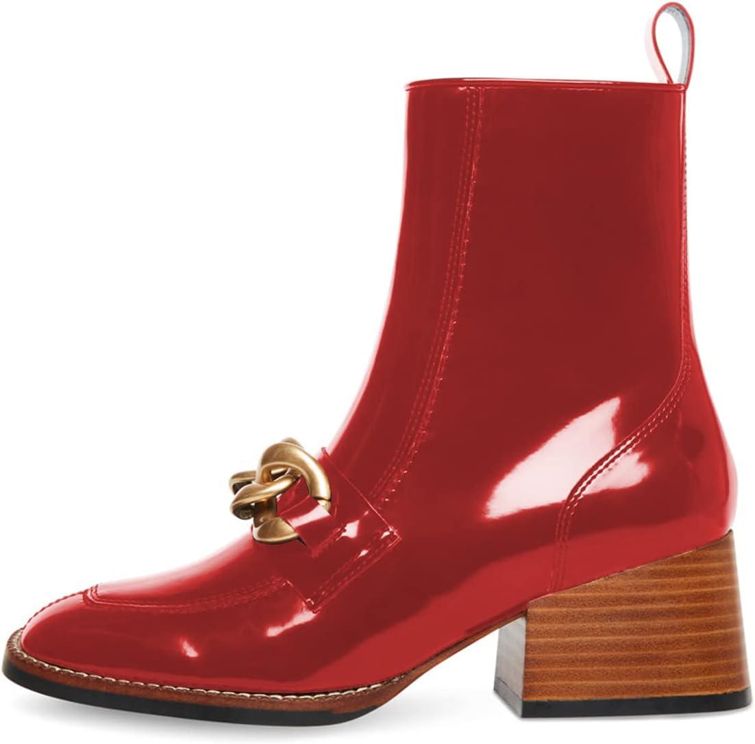 imageFSJ Women Fashion Chain Square Toe Block Mid Heel Ankle Boots Classic Side Zipper Casual Walking Ladies Shoes Size 415 USRed