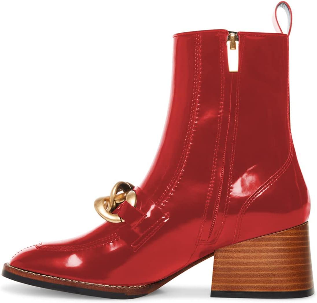 imageFSJ Women Fashion Chain Square Toe Block Mid Heel Ankle Boots Classic Side Zipper Casual Walking Ladies Shoes Size 415 USRed