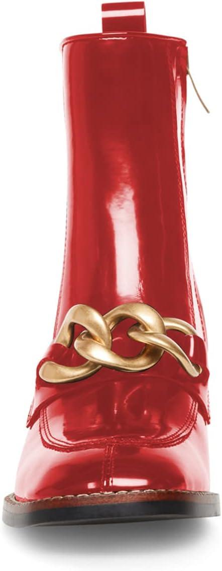 imageFSJ Women Fashion Chain Square Toe Block Mid Heel Ankle Boots Classic Side Zipper Casual Walking Ladies Shoes Size 415 USRed