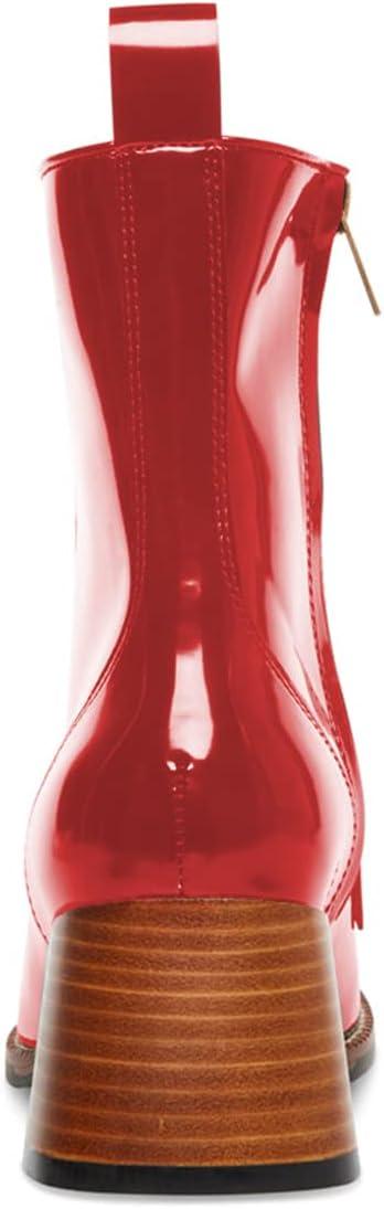 imageFSJ Women Fashion Chain Square Toe Block Mid Heel Ankle Boots Classic Side Zipper Casual Walking Ladies Shoes Size 415 USRed