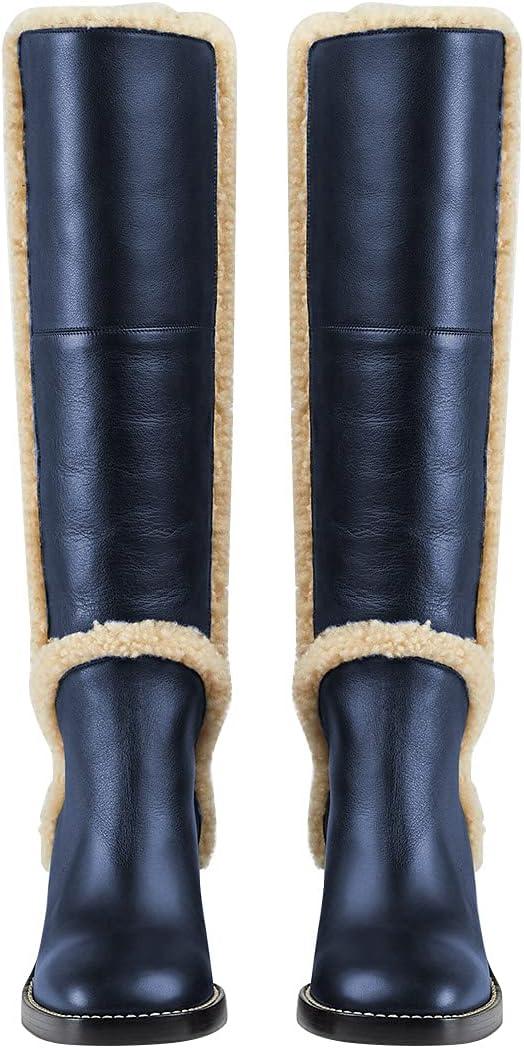 imageFSJ Women Fashion Knee High Round Toe Mid Chunky Block Heel Riding Dress Winter Wool Spring Shaft BootsBlue