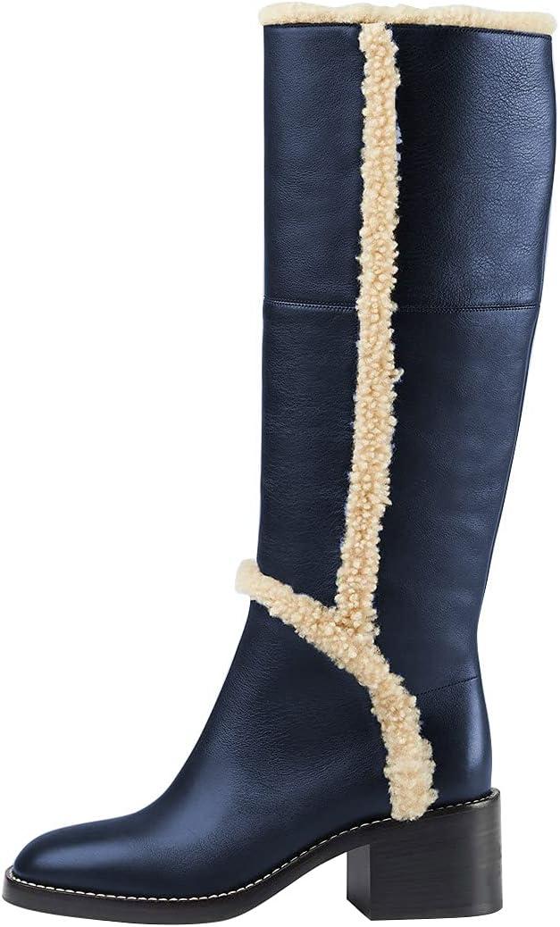 imageFSJ Women Fashion Knee High Round Toe Mid Chunky Block Heel Riding Dress Winter Wool Spring Shaft BootsBlue