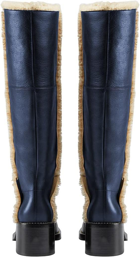 imageFSJ Women Fashion Knee High Round Toe Mid Chunky Block Heel Riding Dress Winter Wool Spring Shaft BootsBlue