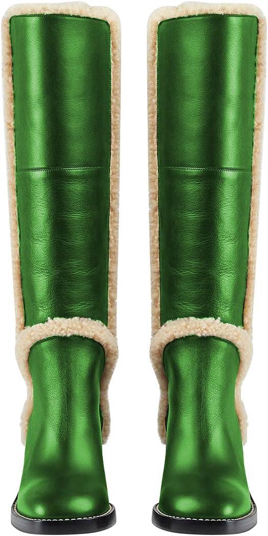 imageFSJ Women Fashion Knee High Round Toe Mid Chunky Block Heel Riding Dress Winter Wool Spring Shaft BootsGreen
