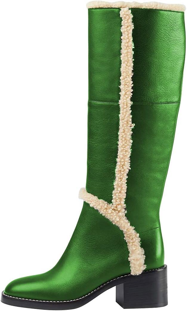 imageFSJ Women Fashion Knee High Round Toe Mid Chunky Block Heel Riding Dress Winter Wool Spring Shaft BootsGreen