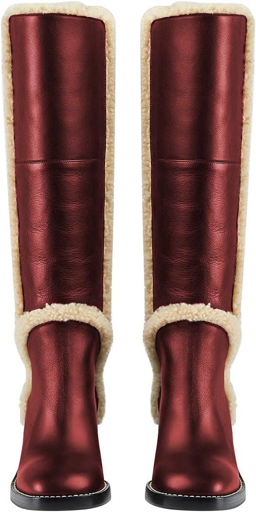 imageFSJ Women Fashion Knee High Round Toe Mid Chunky Block Heel Riding Dress Winter Wool Spring Shaft BootsRed Wine