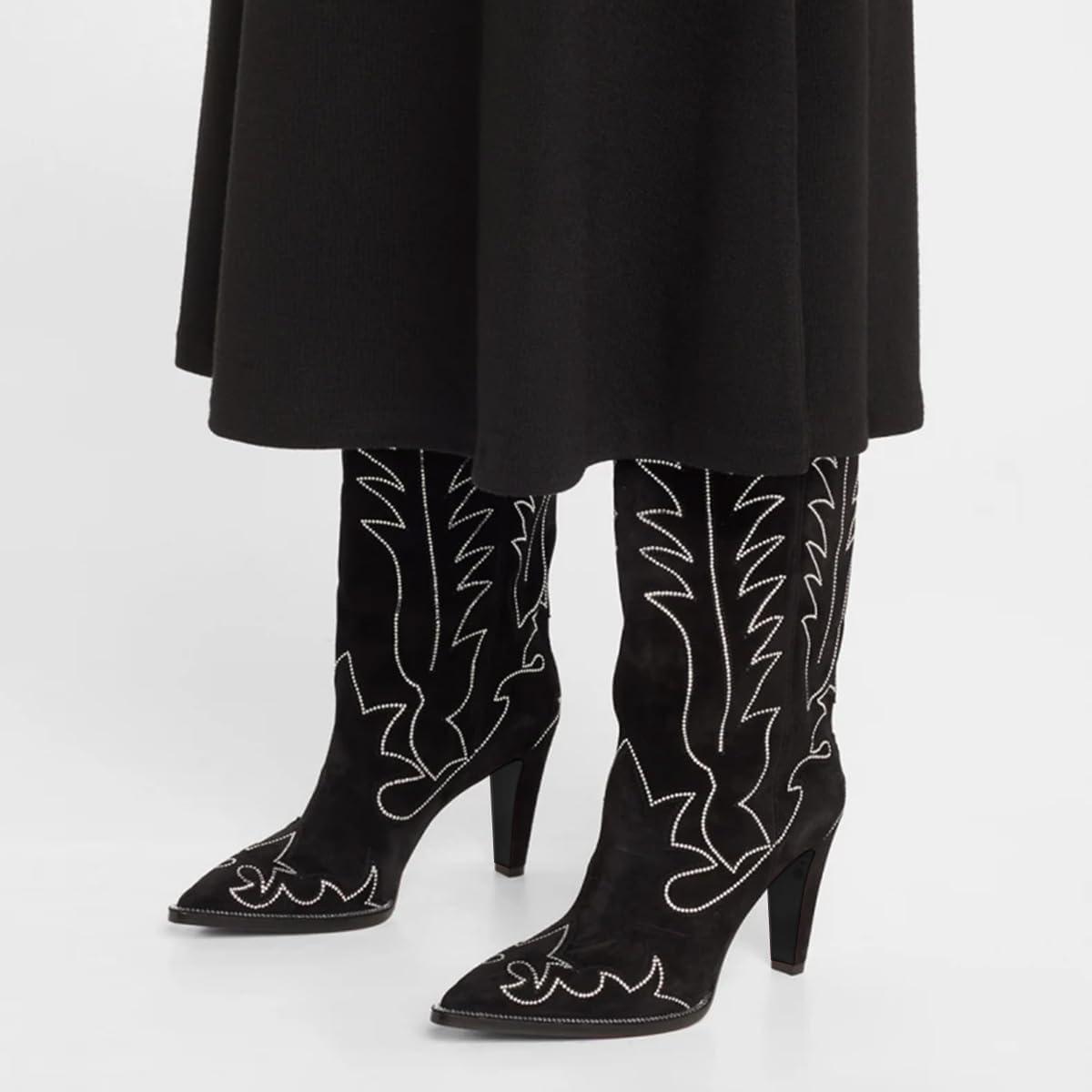 imageFSJ Women Pointed Toe Cowboy Boots Embroidered Chunky High Heel Knee High Boots Western Pull On Fashion Dress Shoes Size 416 USBlackcrystals