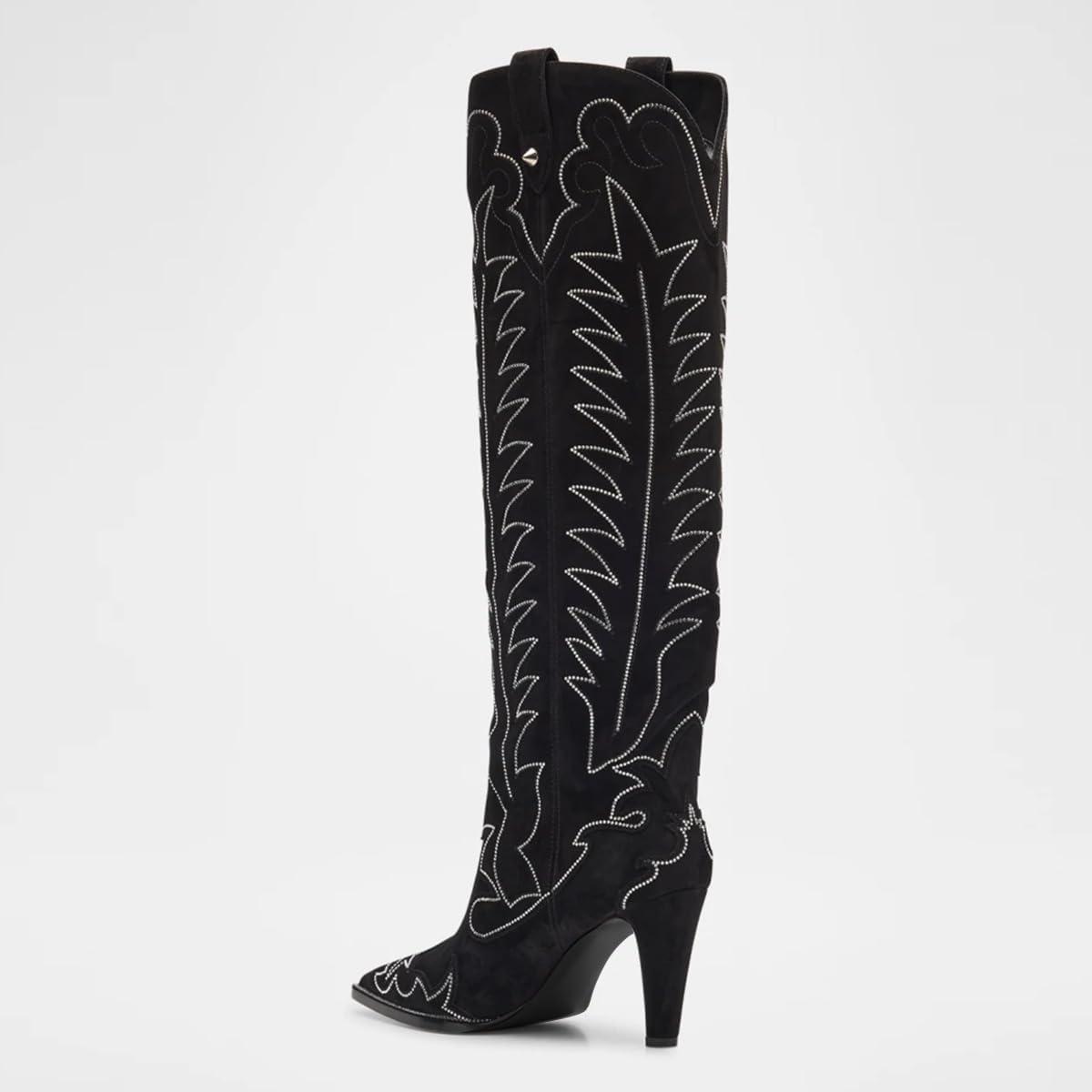 imageFSJ Women Pointed Toe Cowboy Boots Embroidered Chunky High Heel Knee High Boots Western Pull On Fashion Dress Shoes Size 416 USBlackcrystals