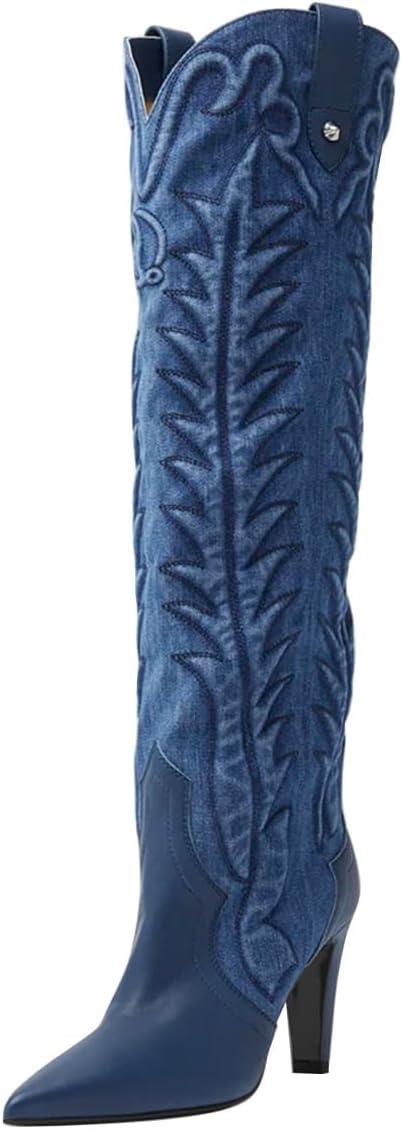 imageFSJ Women Pointed Toe Cowboy Boots Embroidered Chunky High Heel Knee High Boots Western Pull On Fashion Dress Shoes Size 416 USBlue Denim