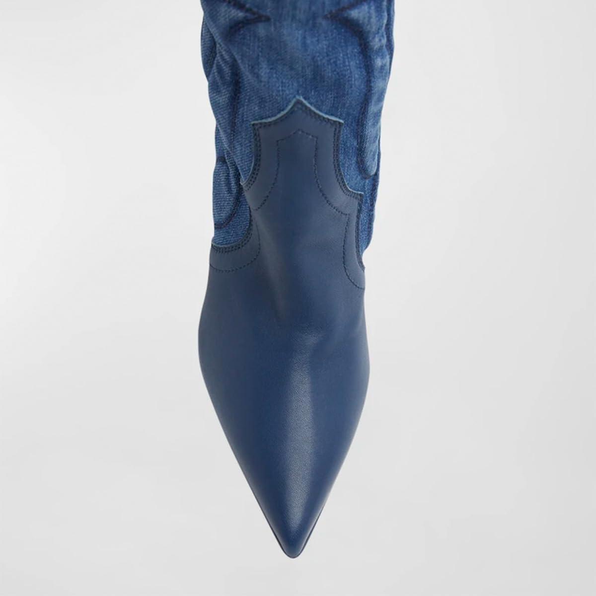 imageFSJ Women Pointed Toe Cowboy Boots Embroidered Chunky High Heel Knee High Boots Western Pull On Fashion Dress Shoes Size 416 USBlue Denim