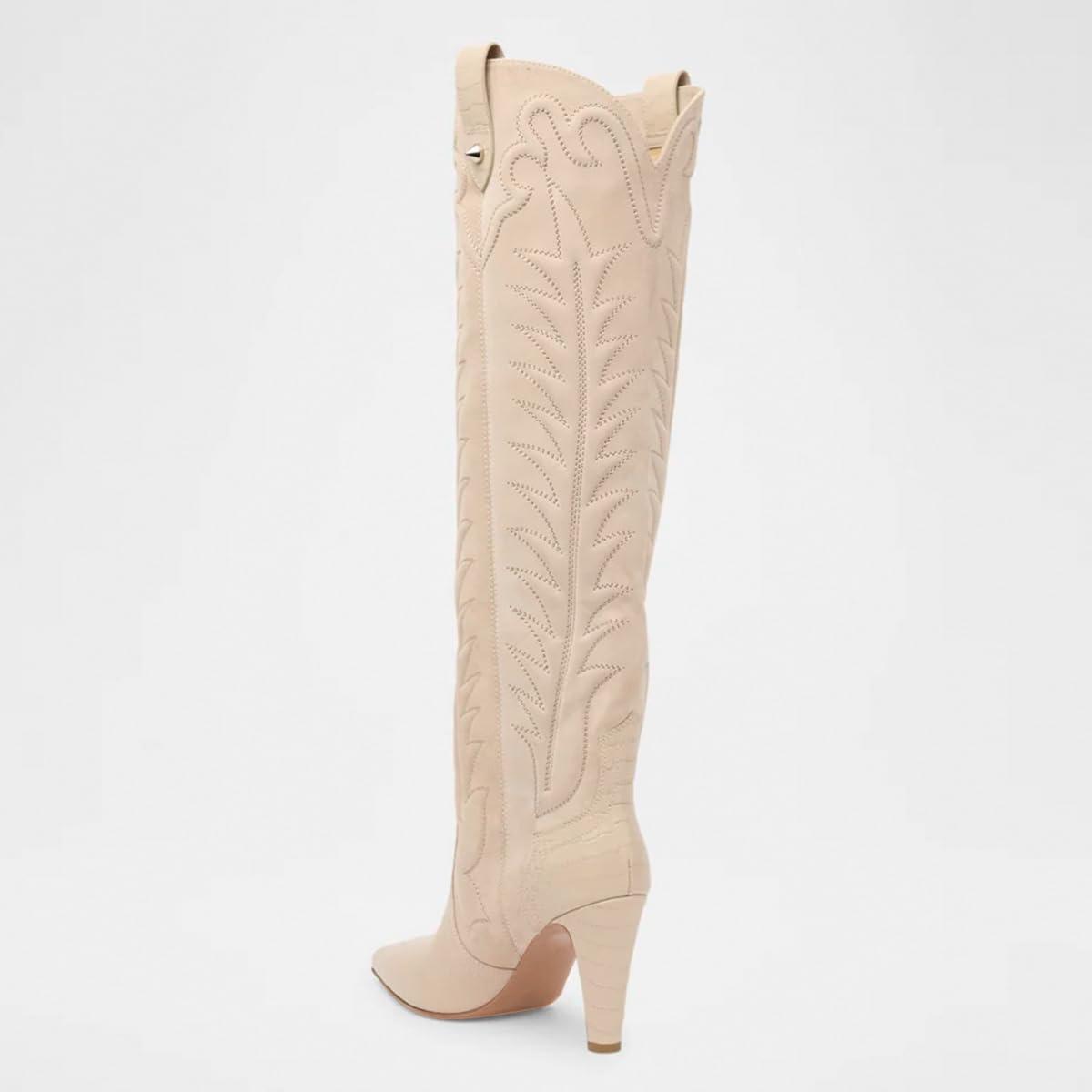 imageFSJ Women Pointed Toe Cowboy Boots Embroidered Chunky High Heel Knee High Boots Western Pull On Fashion Dress Shoes Size 416 USNude