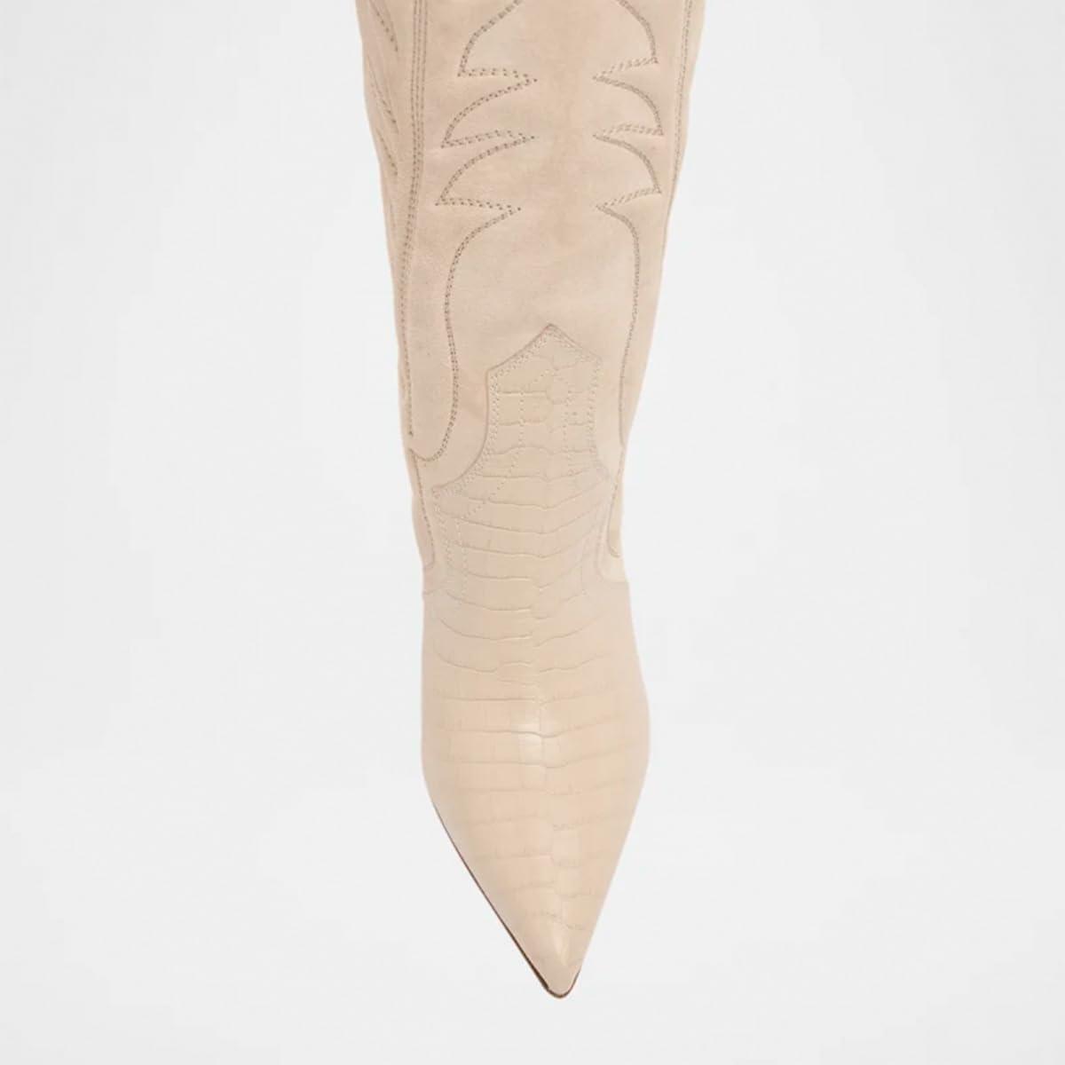 imageFSJ Women Pointed Toe Cowboy Boots Embroidered Chunky High Heel Knee High Boots Western Pull On Fashion Dress Shoes Size 416 USNude