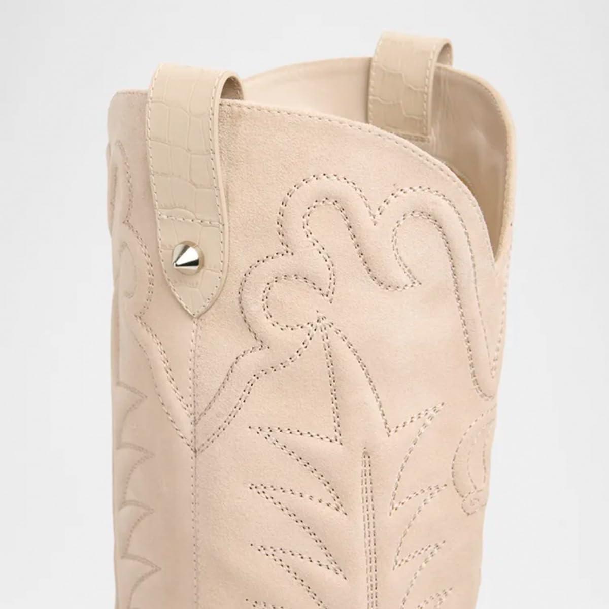 imageFSJ Women Pointed Toe Cowboy Boots Embroidered Chunky High Heel Knee High Boots Western Pull On Fashion Dress Shoes Size 416 USNude