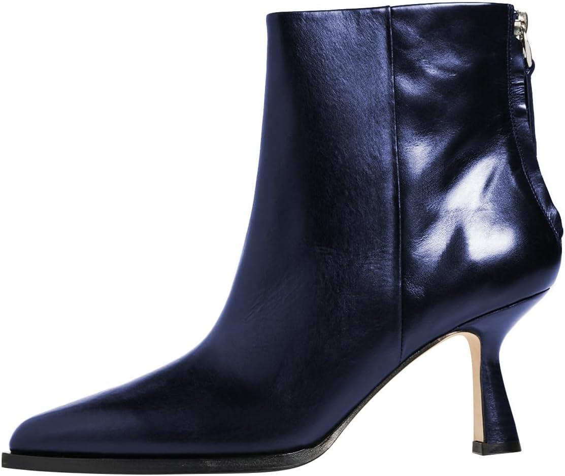 imageFSJ Women Pointed Toe Low Kitten Heel Ankle Boots Faux Leather Back Zipper Classic Short Booties Basic Office Dress Shoes Size 416 USBlue