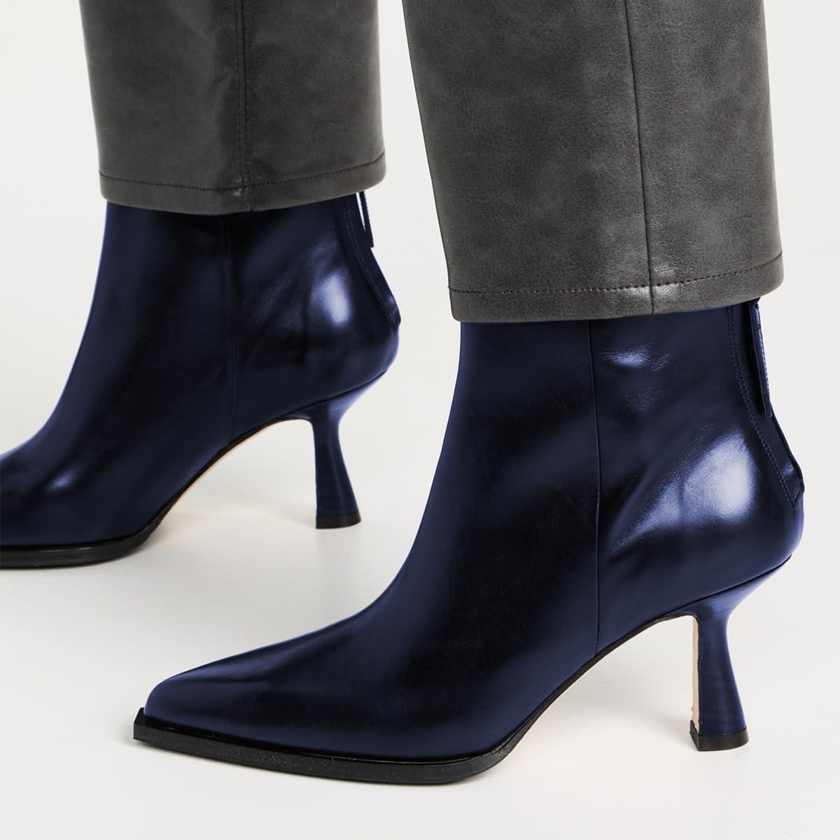 imageFSJ Women Pointed Toe Low Kitten Heel Ankle Boots Faux Leather Back Zipper Classic Short Booties Basic Office Dress Shoes Size 416 USBlue