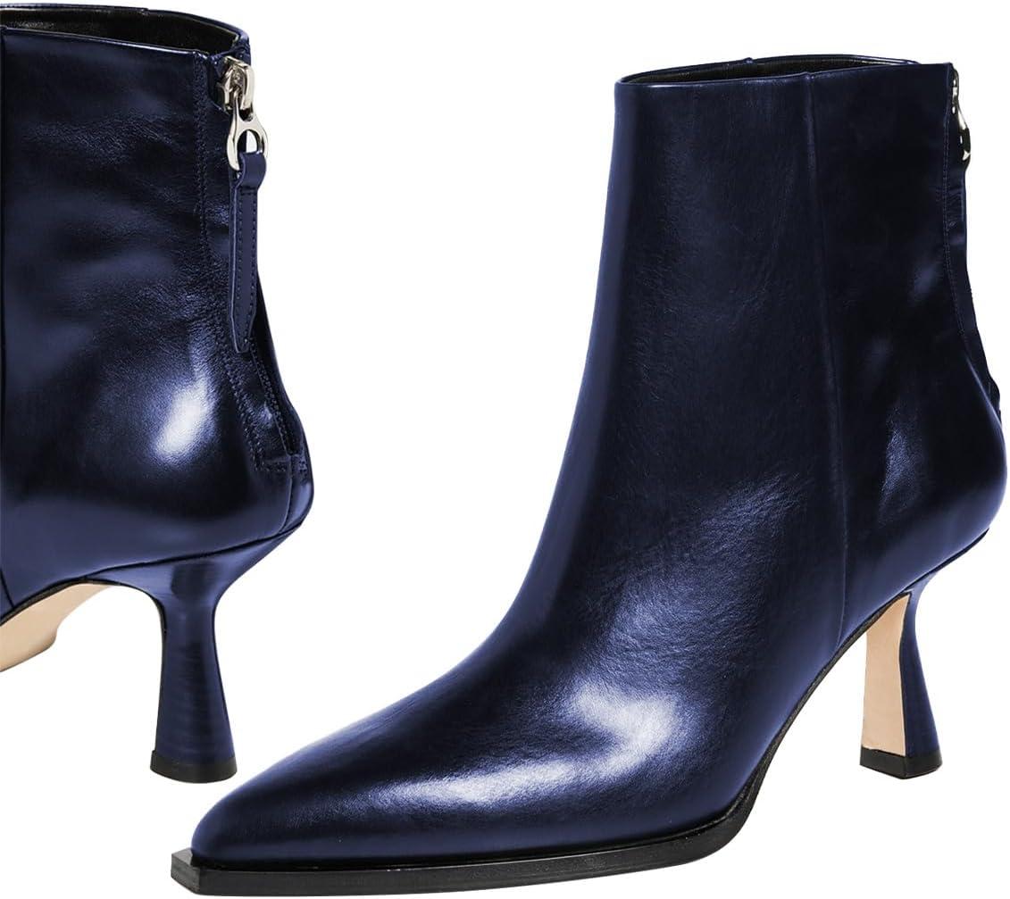 imageFSJ Women Pointed Toe Low Kitten Heel Ankle Boots Faux Leather Back Zipper Classic Short Booties Basic Office Dress Shoes Size 416 USBlue