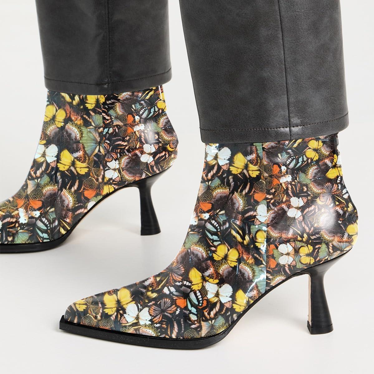 imageFSJ Women Pointed Toe Low Kitten Heel Ankle Boots Faux Leather Back Zipper Classic Short Booties Basic Office Dress Shoes Size 416 USButterfly Printing