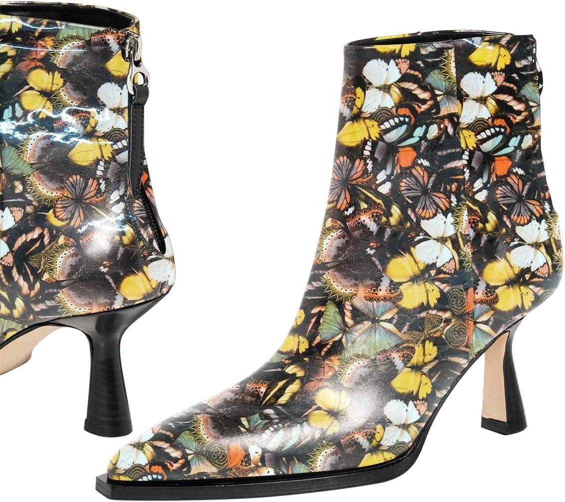 imageFSJ Women Pointed Toe Low Kitten Heel Ankle Boots Faux Leather Back Zipper Classic Short Booties Basic Office Dress Shoes Size 416 USButterfly Printing
