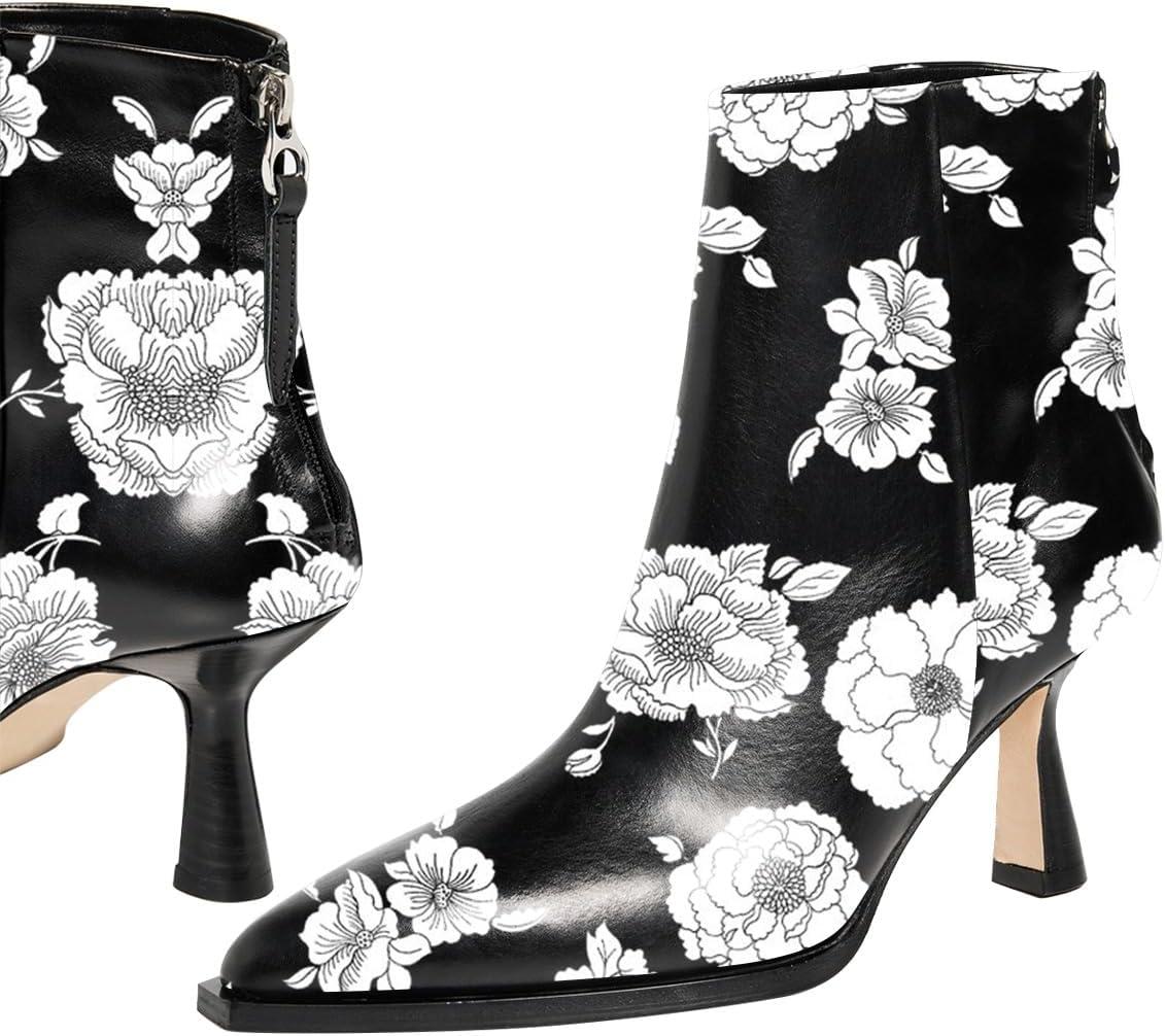 imageFSJ Women Pointed Toe Low Kitten Heel Ankle Boots Faux Leather Back Zipper Classic Short Booties Basic Office Dress Shoes Size 416 USFloral White