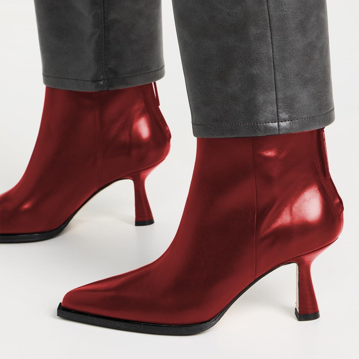 imageFSJ Women Pointed Toe Low Kitten Heel Ankle Boots Faux Leather Back Zipper Classic Short Booties Basic Office Dress Shoes Size 416 USRed