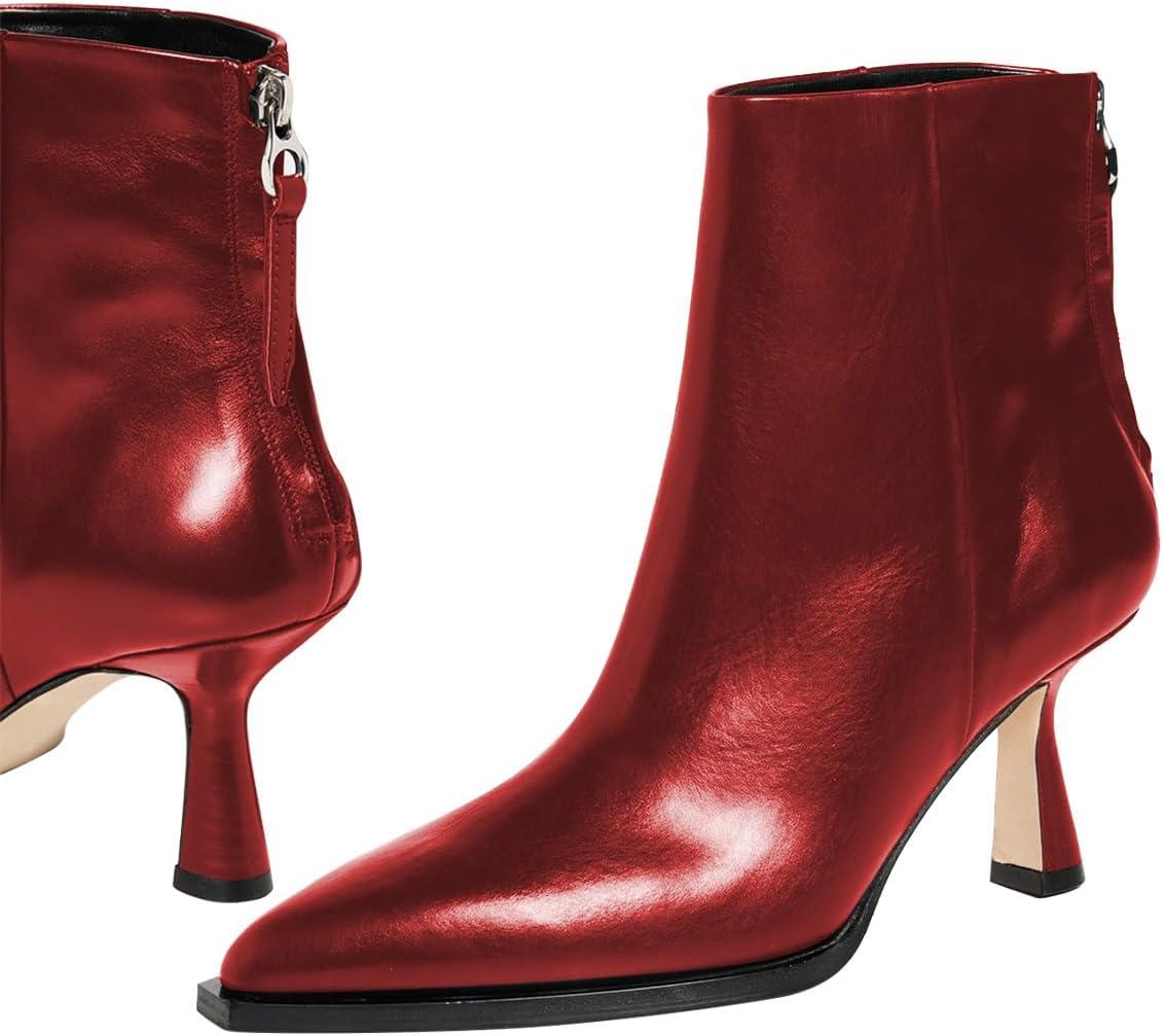 imageFSJ Women Pointed Toe Low Kitten Heel Ankle Boots Faux Leather Back Zipper Classic Short Booties Basic Office Dress Shoes Size 416 USRed
