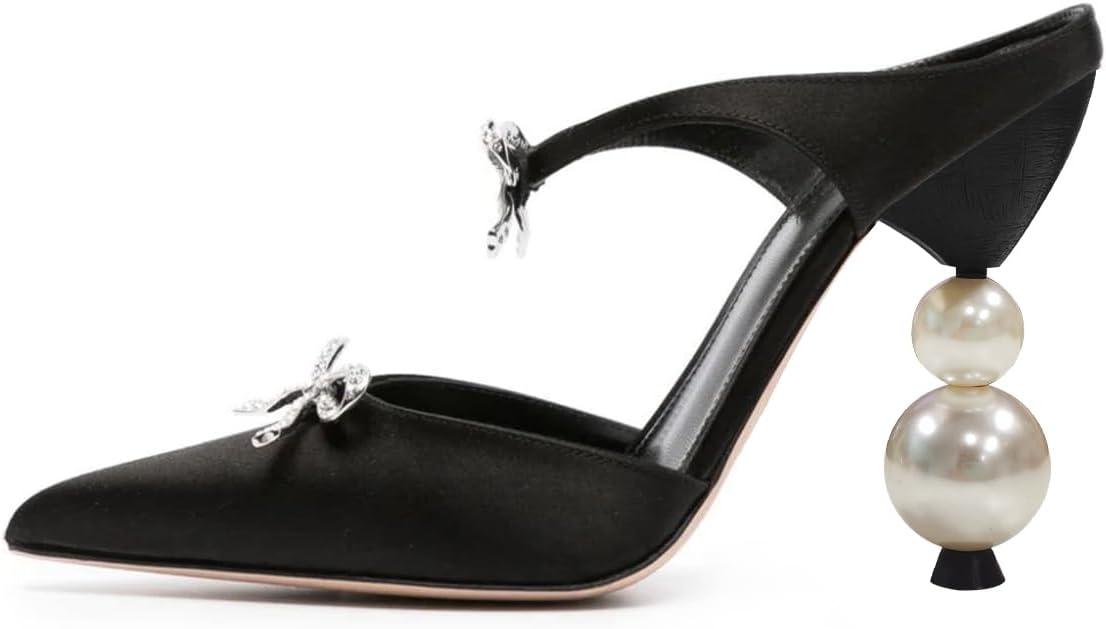 imageFSJ Women Pointed Toe with Two Bows Mules Perals High Heel Sandal Slip On Sexy Backless Summer Slides Ladies Party Dress Shoes Size 416 USBlack