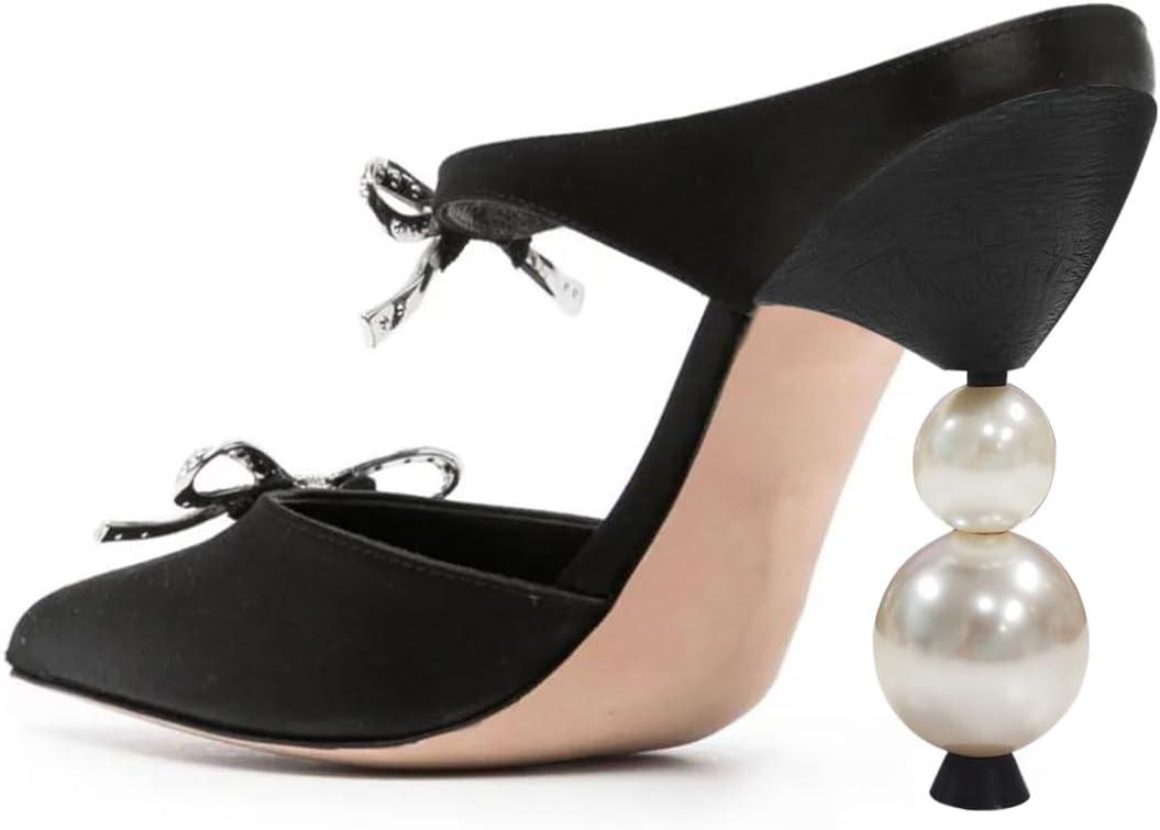 imageFSJ Women Pointed Toe with Two Bows Mules Perals High Heel Sandal Slip On Sexy Backless Summer Slides Ladies Party Dress Shoes Size 416 USBlack
