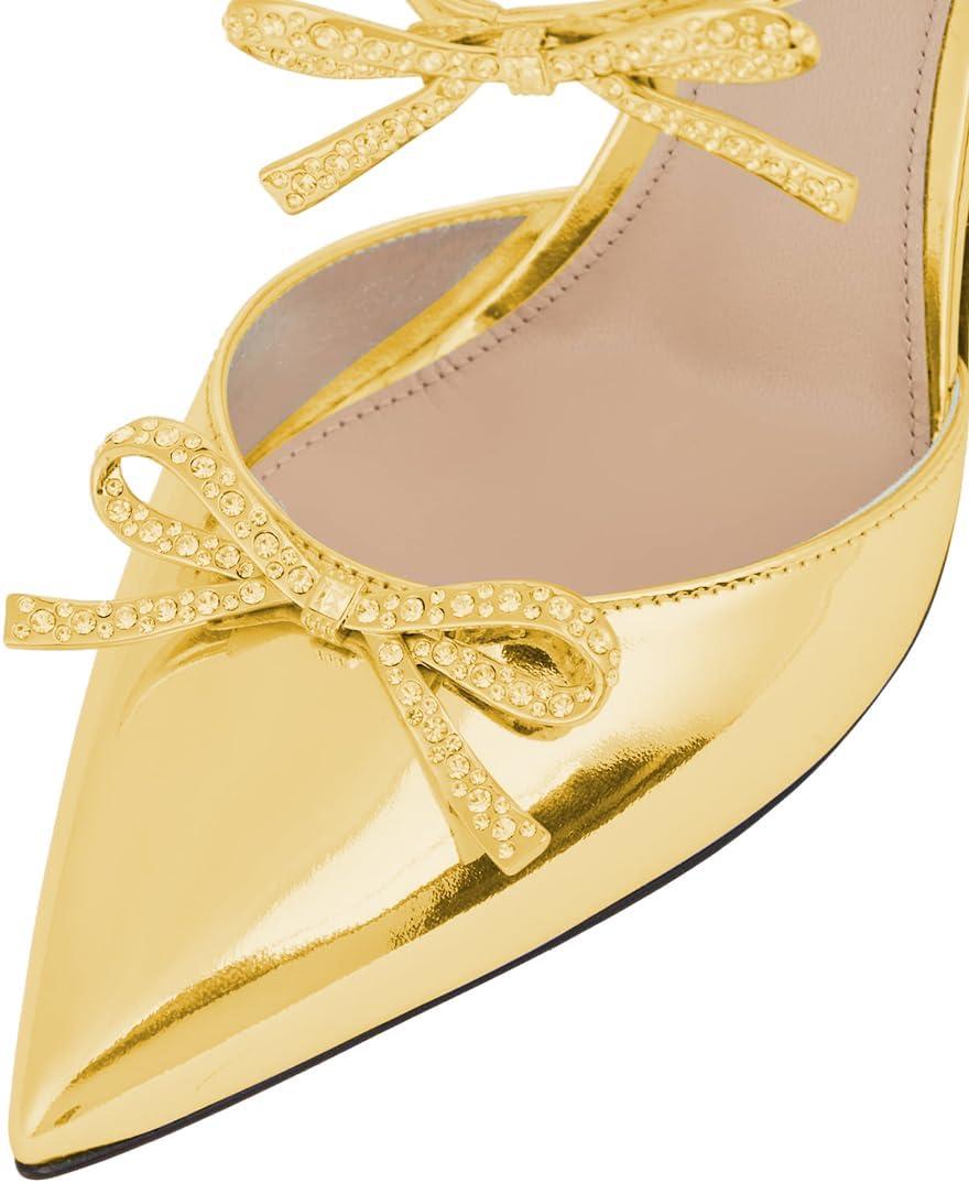 imageFSJ Women Pointed Toe with Two Bows Mules Perals High Heel Sandal Slip On Sexy Backless Summer Slides Ladies Party Dress Shoes Size 416 USGold