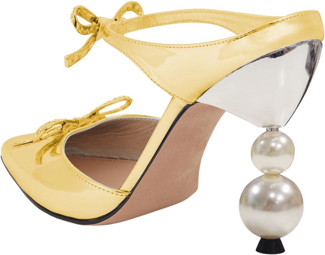 imageFSJ Women Pointed Toe with Two Bows Mules Perals High Heel Sandal Slip On Sexy Backless Summer Slides Ladies Party Dress Shoes Size 416 USGold