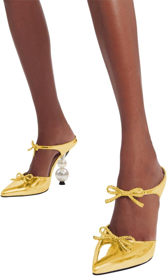 imageFSJ Women Pointed Toe with Two Bows Mules Perals High Heel Sandal Slip On Sexy Backless Summer Slides Ladies Party Dress Shoes Size 416 USGold