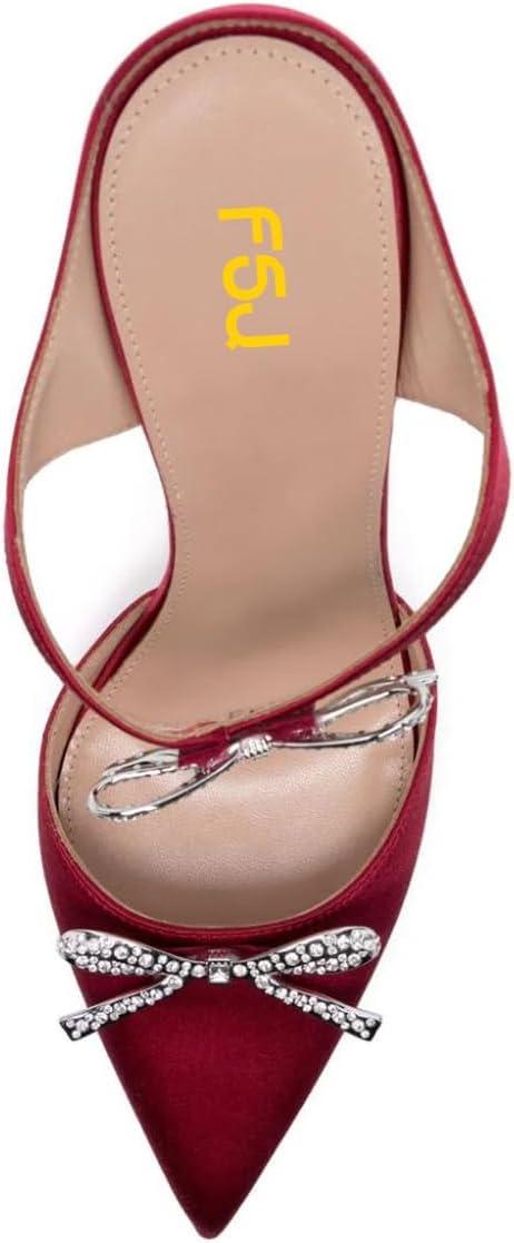 imageFSJ Women Pointed Toe with Two Bows Mules Perals High Heel Sandal Slip On Sexy Backless Summer Slides Ladies Party Dress Shoes Size 416 USRed