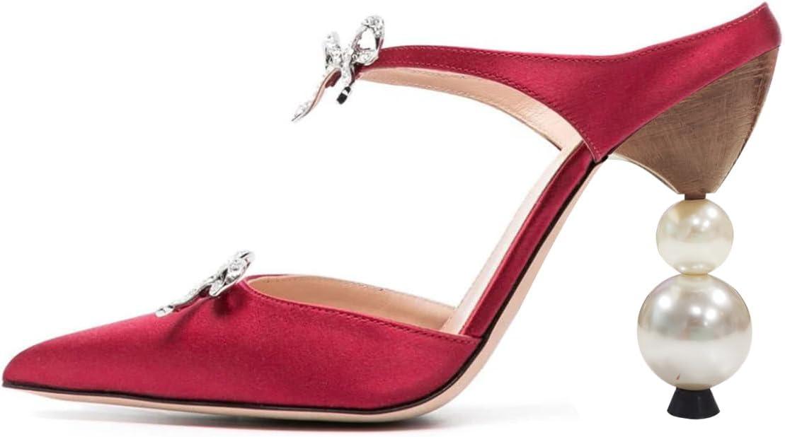imageFSJ Women Pointed Toe with Two Bows Mules Perals High Heel Sandal Slip On Sexy Backless Summer Slides Ladies Party Dress Shoes Size 416 USRed