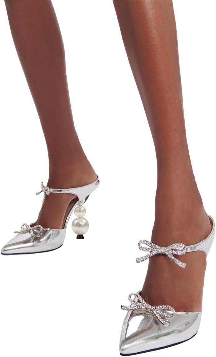 imageFSJ Women Pointed Toe with Two Bows Mules Perals High Heel Sandal Slip On Sexy Backless Summer Slides Ladies Party Dress Shoes Size 416 USSilver