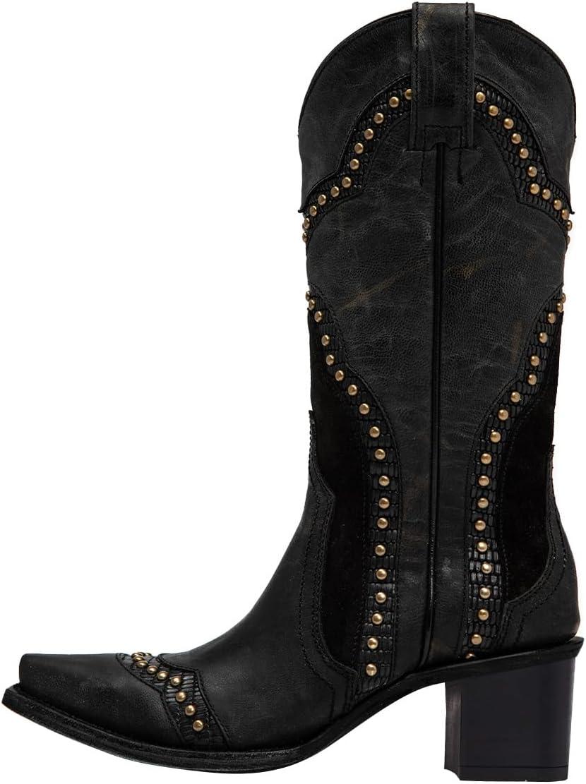 imageFSJ Women Retro Western Cowboy Boots with Studded Square Toe Stylish Low Block Heel Leather Cowgirl MidCalf Boots Shoes Size 416 USBlack