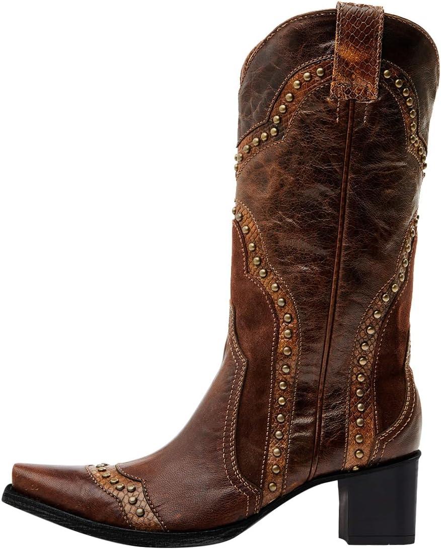 imageFSJ Women Retro Western Cowboy Boots with Studded Square Toe Stylish Low Block Heel Leather Cowgirl MidCalf Boots Shoes Size 416 USBrown