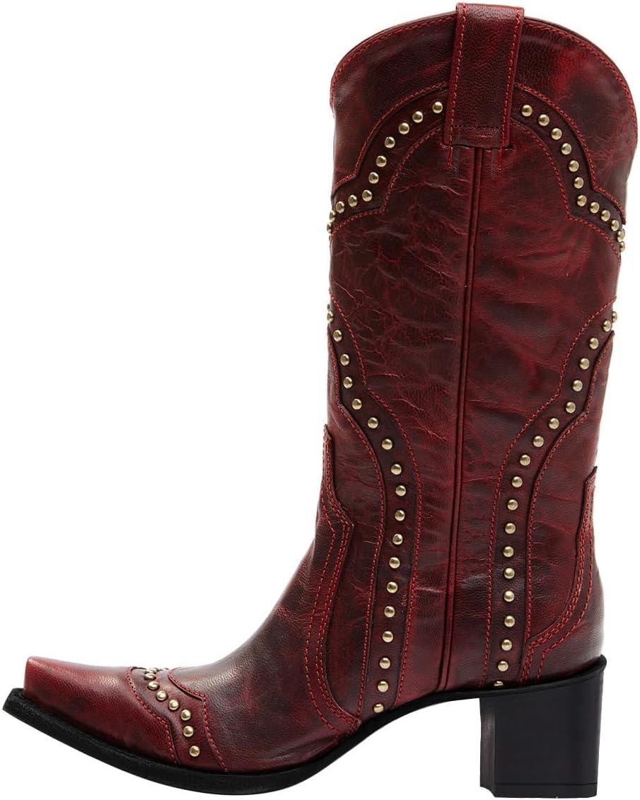 imageFSJ Women Retro Western Cowboy Boots with Studded Square Toe Stylish Low Block Heel Leather Cowgirl MidCalf Boots Shoes Size 416 USRed