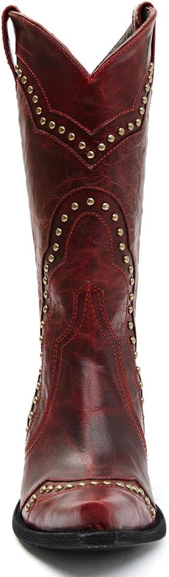 imageFSJ Women Retro Western Cowboy Boots with Studded Square Toe Stylish Low Block Heel Leather Cowgirl MidCalf Boots Shoes Size 416 USRed