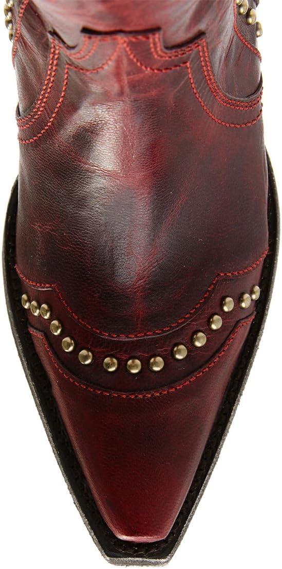imageFSJ Women Retro Western Cowboy Boots with Studded Square Toe Stylish Low Block Heel Leather Cowgirl MidCalf Boots Shoes Size 416 USRed