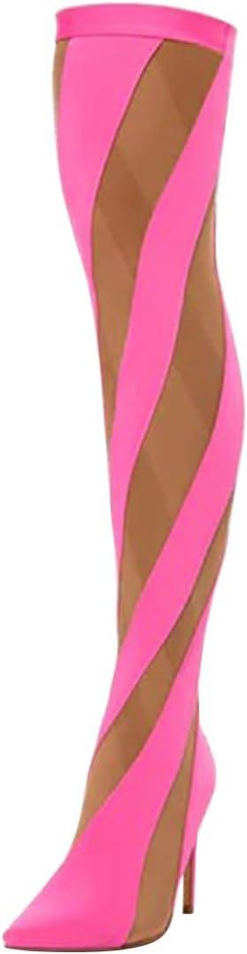 imageFSJ Women Sexy Pointed Toe Thigh High Boots Ladies Elastic Mesh Multicolor Over the Knee Boots Stretch Stiletto High Heel Long Nightclub Party Dress Shoes Size 416 USPink
