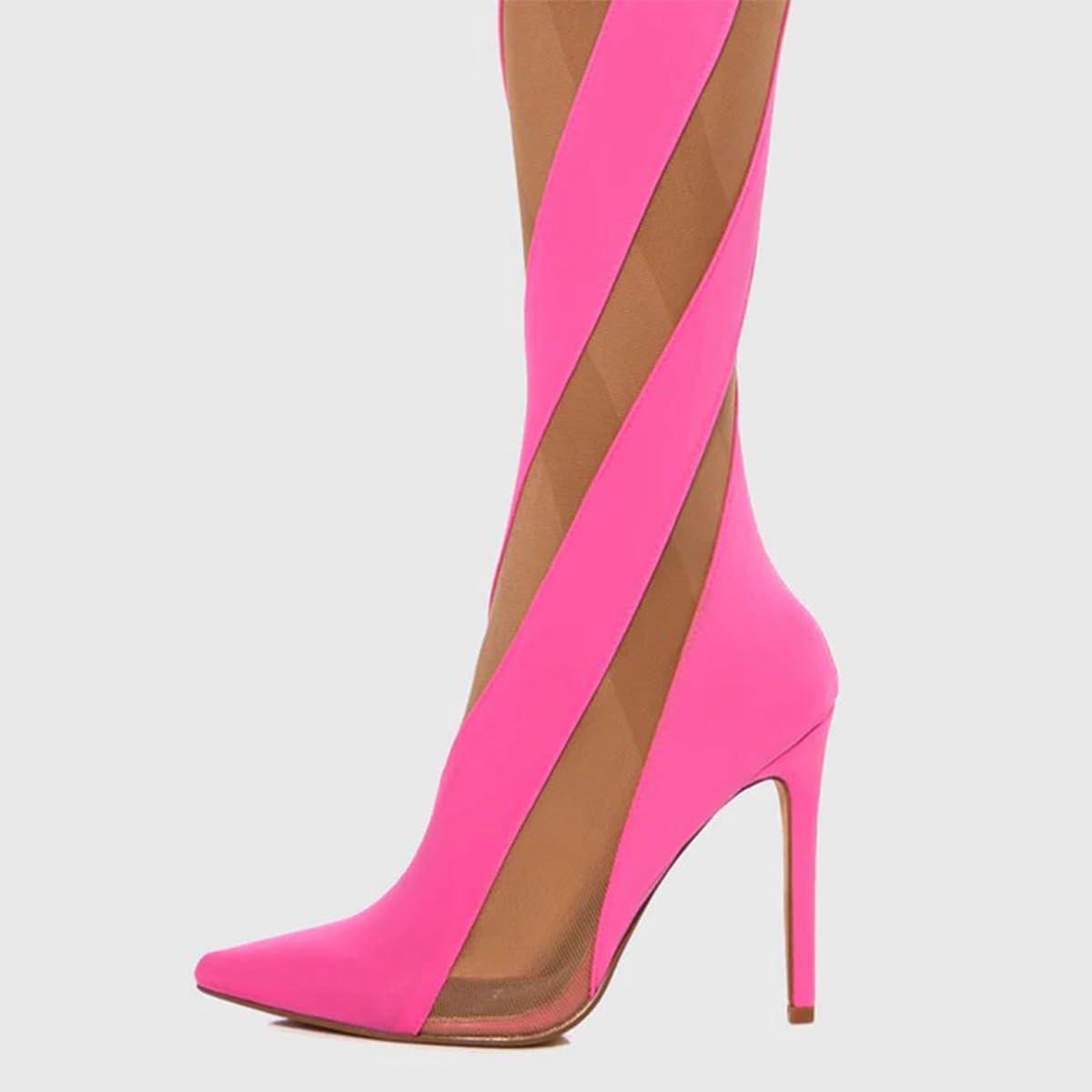 imageFSJ Women Sexy Pointed Toe Thigh High Boots Ladies Elastic Mesh Multicolor Over the Knee Boots Stretch Stiletto High Heel Long Nightclub Party Dress Shoes Size 416 USPink