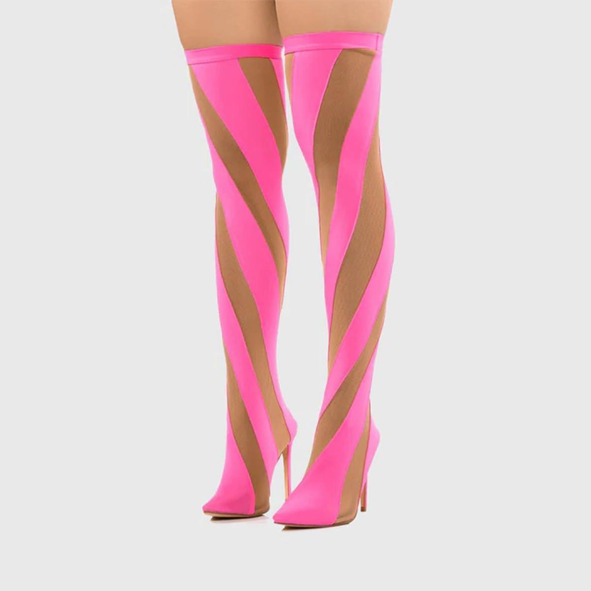 imageFSJ Women Sexy Pointed Toe Thigh High Boots Ladies Elastic Mesh Multicolor Over the Knee Boots Stretch Stiletto High Heel Long Nightclub Party Dress Shoes Size 416 USPink