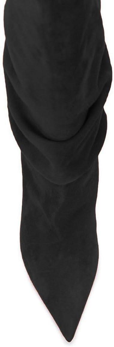 imageFSJ Women Slouchy Mid Calf Boots Pointed Toe Slim Stiletto High Heel Under Knee Boots V Cut Pointed Toe Pull On Winter Dress Shoe Size 415 USBlack