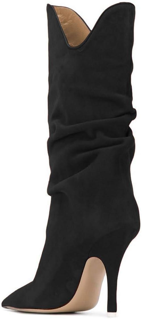 imageFSJ Women Slouchy Mid Calf Boots Pointed Toe Slim Stiletto High Heel Under Knee Boots V Cut Pointed Toe Pull On Winter Dress Shoe Size 415 USBlack