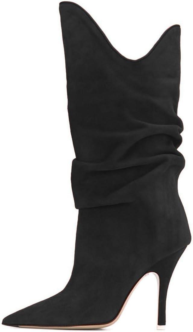 imageFSJ Women Slouchy Mid Calf Boots Pointed Toe Slim Stiletto High Heel Under Knee Boots V Cut Pointed Toe Pull On Winter Dress Shoe Size 415 USBlack