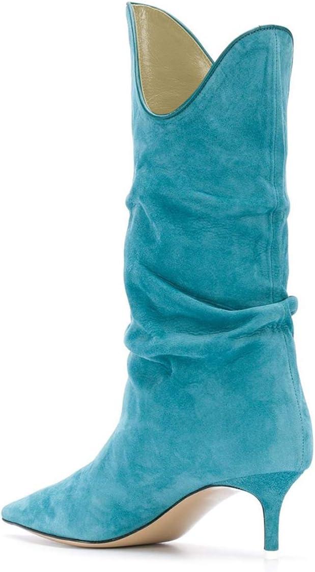 imageFSJ Women Slouchy Mid Calf Boots Pointed Toe Slim Stiletto High Heel Under Knee Boots V Cut Pointed Toe Pull On Winter Dress Shoe Size 415 USBlue