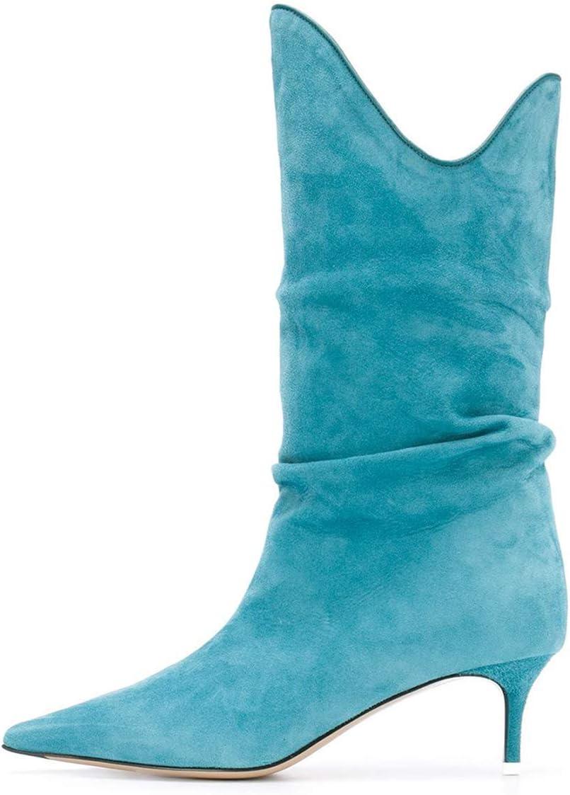 imageFSJ Women Slouchy Mid Calf Boots Pointed Toe Slim Stiletto High Heel Under Knee Boots V Cut Pointed Toe Pull On Winter Dress Shoe Size 415 USBlue