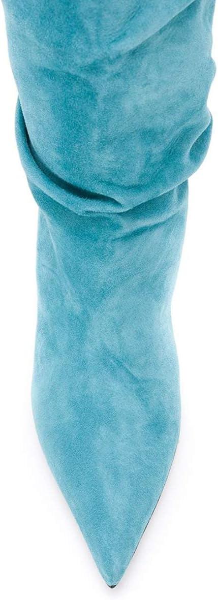 imageFSJ Women Slouchy Mid Calf Boots Pointed Toe Slim Stiletto High Heel Under Knee Boots V Cut Pointed Toe Pull On Winter Dress Shoe Size 415 USBlue